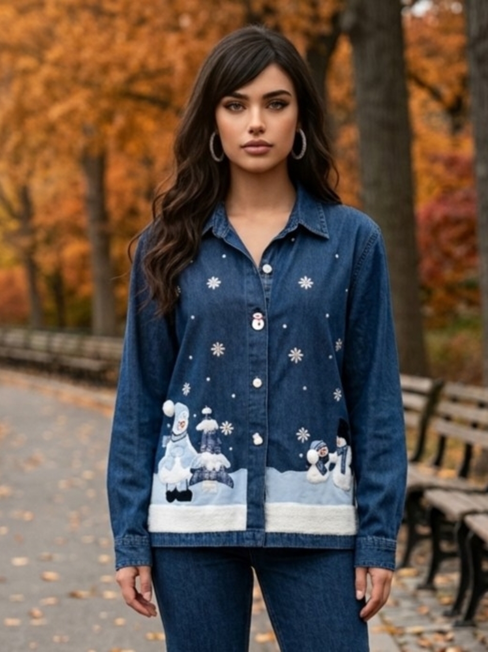 Y2K Carolina Blues Denim Jacket Embroidered Snowmen Plaid Inner Lining XL